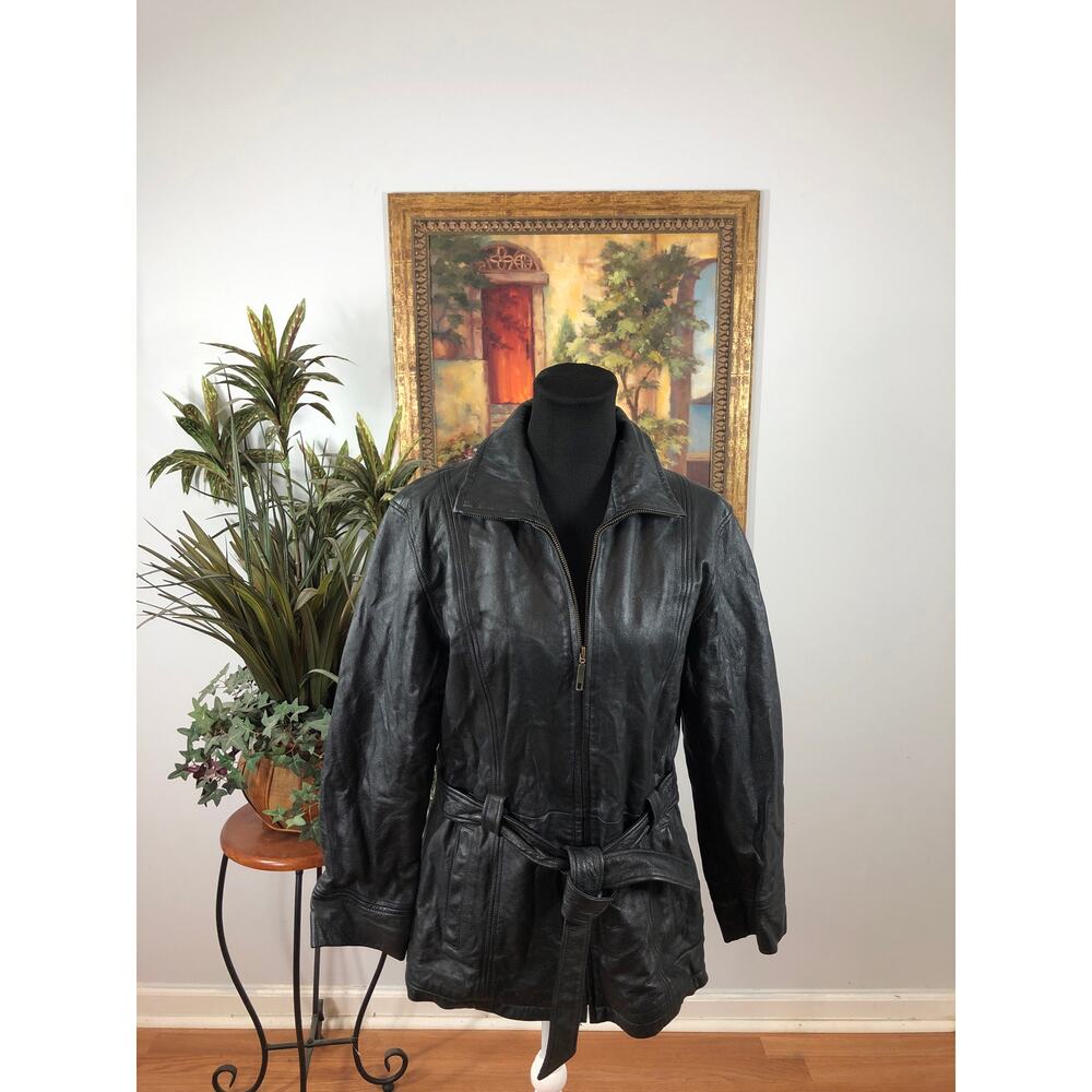 Outbrook Women’s Leather Black‎ Belted Jacket Outwear Full Zipper Front Collared